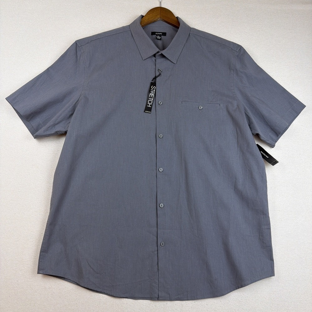Alfani Short Sleeve Stretch Shirt Mens XXL Gray Button Up NWT Preppy Minimalist